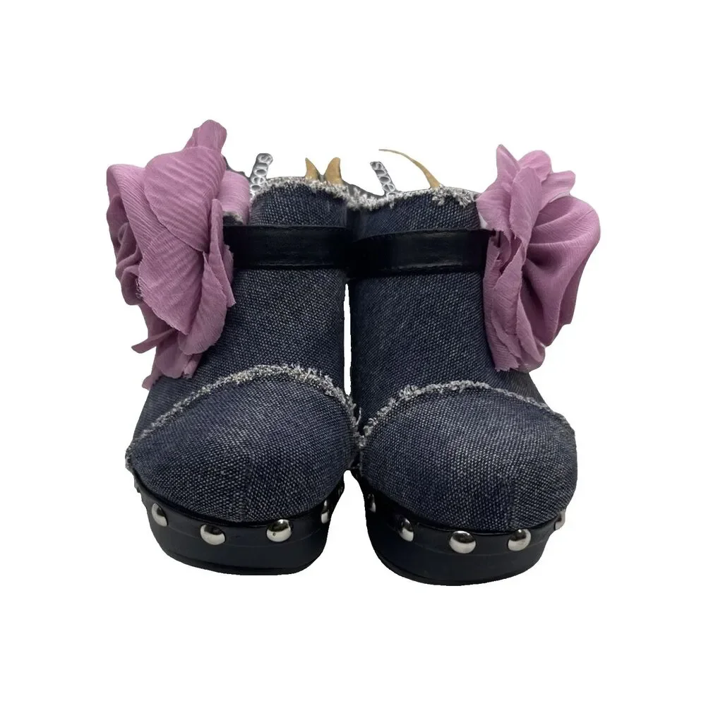 ShoeDazzle Women’s Denim Floral Platform Heels Open Toe Studded Mules Sz 7 - Picture 5 of 12